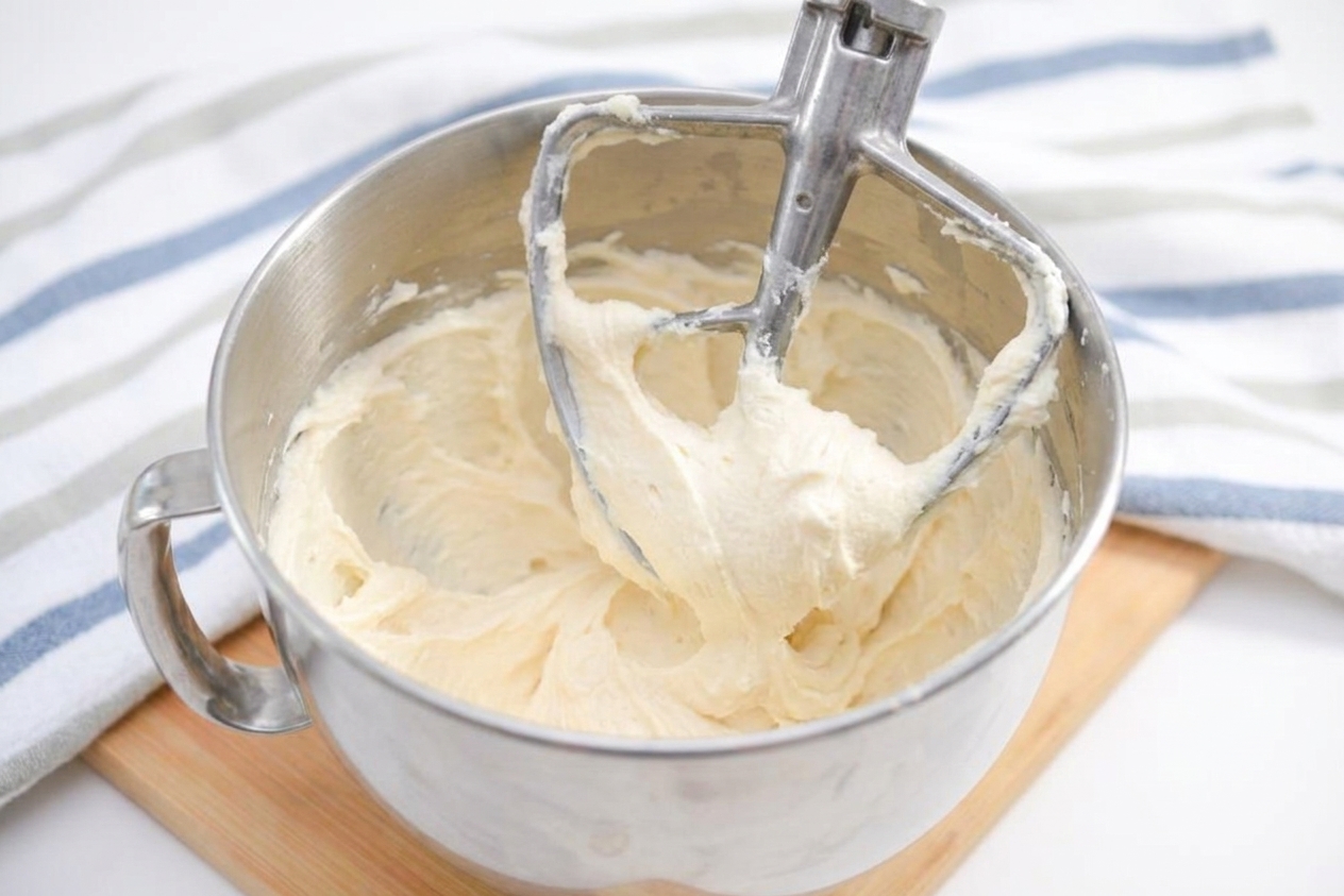 Vanilla buttercream mixing in a stand mixer bowl with a paddle attachment, frosting clinging to the sides