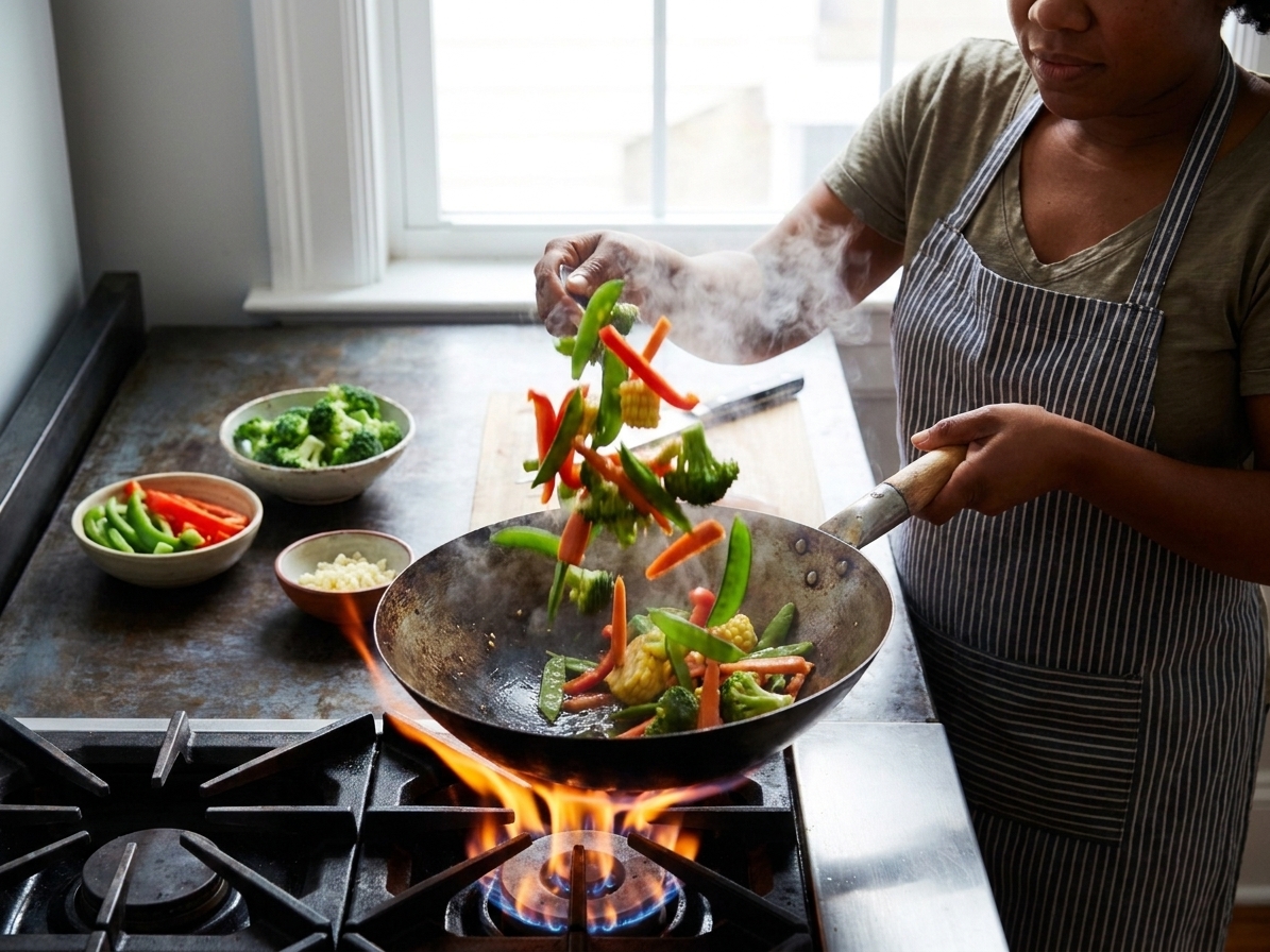 Vegetables being tossed in a hot wok over a gas flame with steam rising