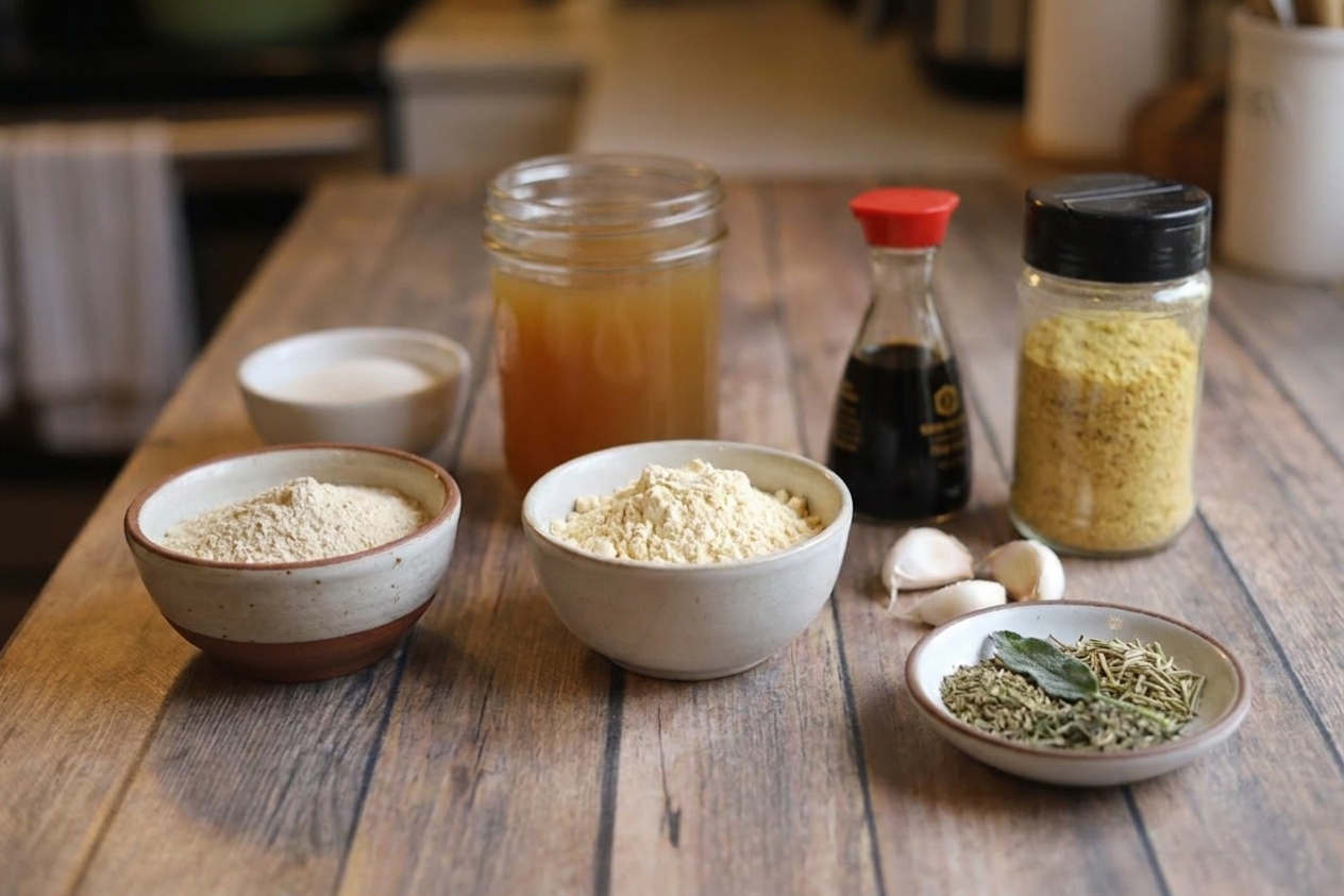 Vital wheat gluten, vegetable broth, soy sauce, chickpea flour, nutritional yeast, garlic, and dried herbs arranged on a kitchen counter