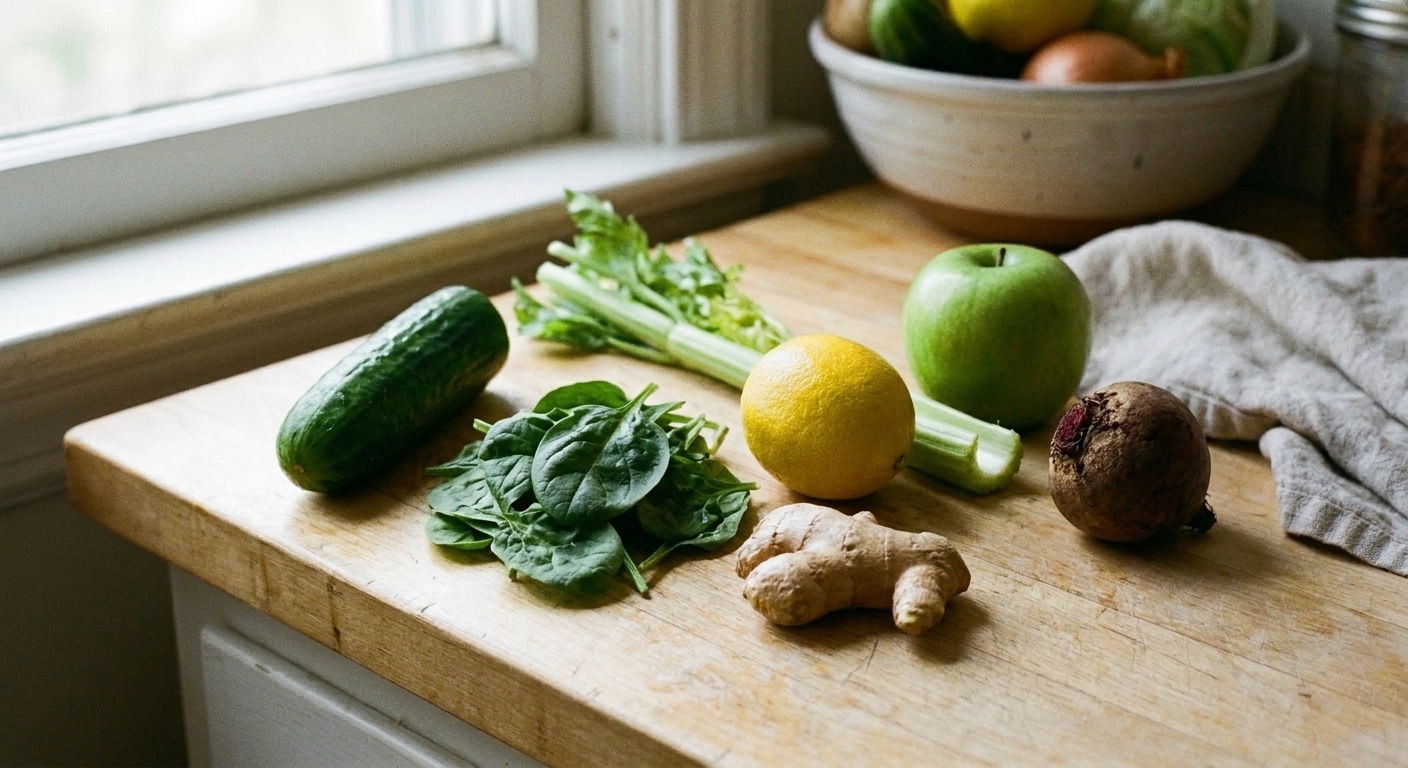 Washed cucumber, celery stalks, baby spinach, lemon, ginger, green apple, and a small beet arranged on a kitchen counter
