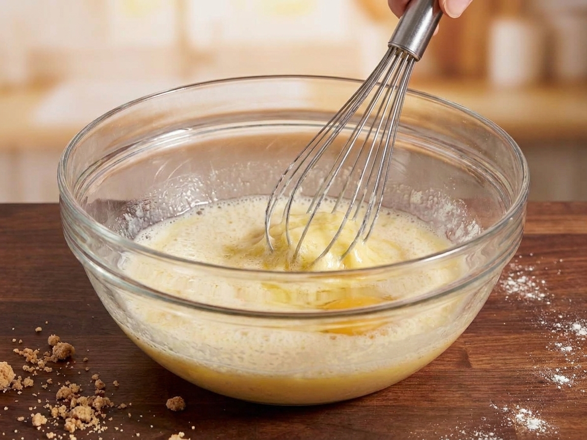 Wet ingredients for muffin batter being whisked in a large glass bowl on a home kitchen counter