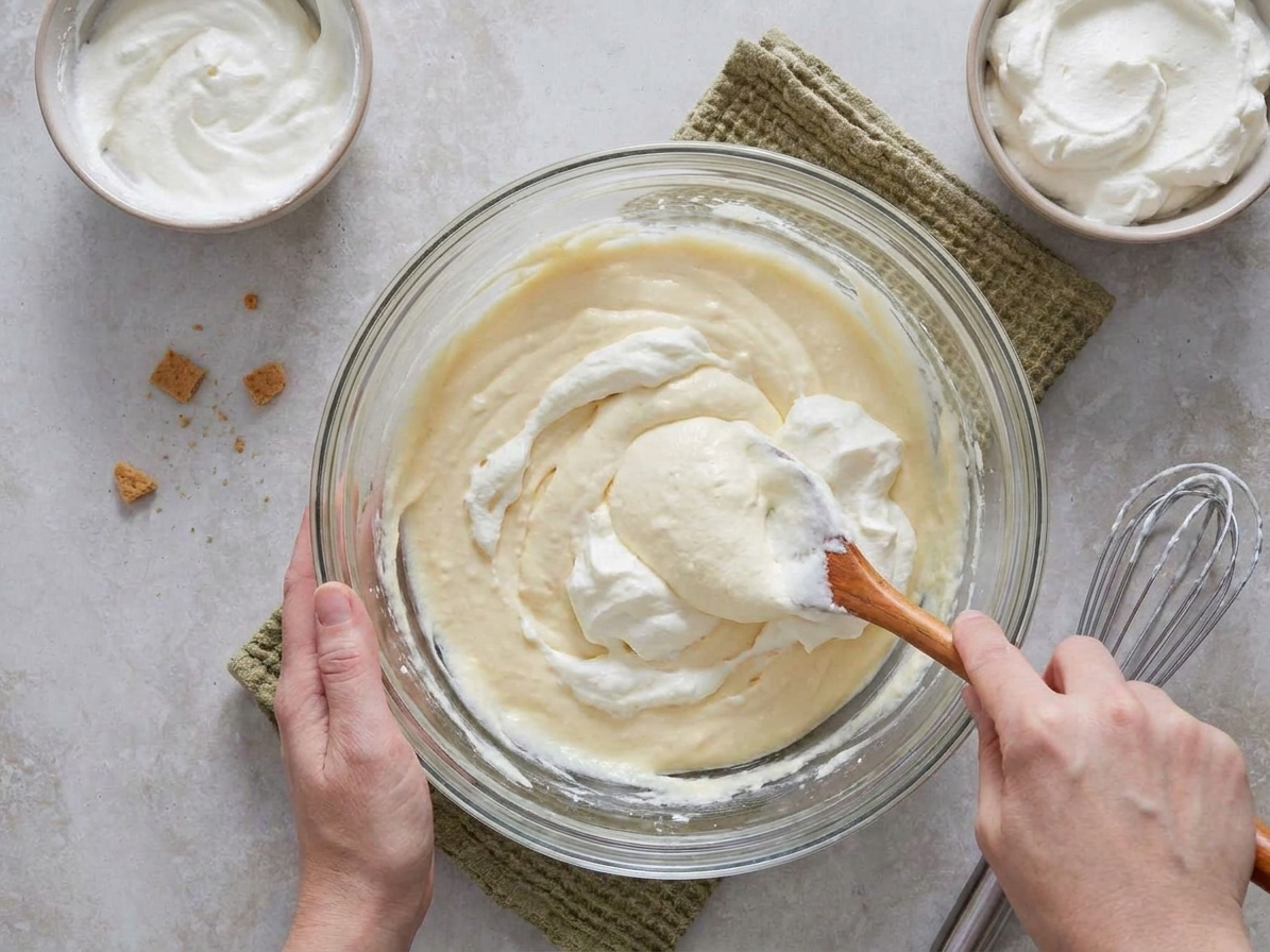 Whipped cream being folded into a bowl of creamy cheesecake filling with a spatula