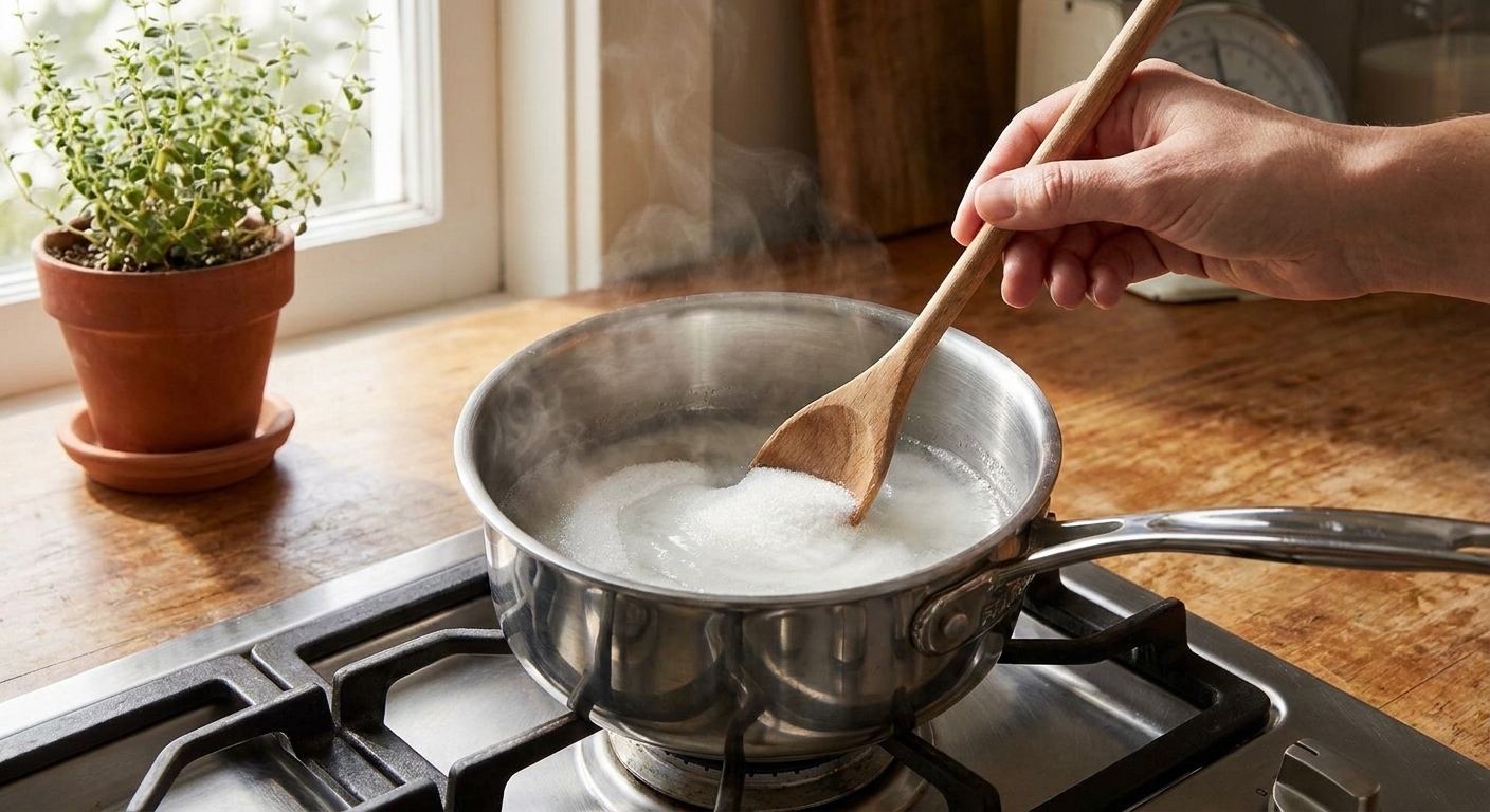 White sugar being stirred into warm water in a small saucepan on a stovetop with a wooden spoon