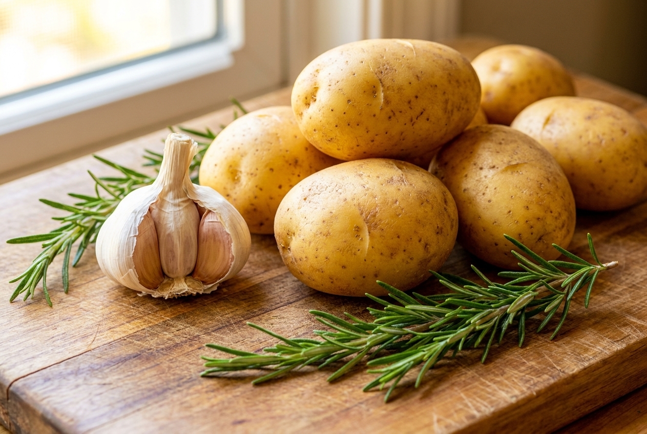 Whole Yukon Gold potatoes, a head of garlic, and fresh rosemary arranged on a wooden cutting board in natural kitchen light
