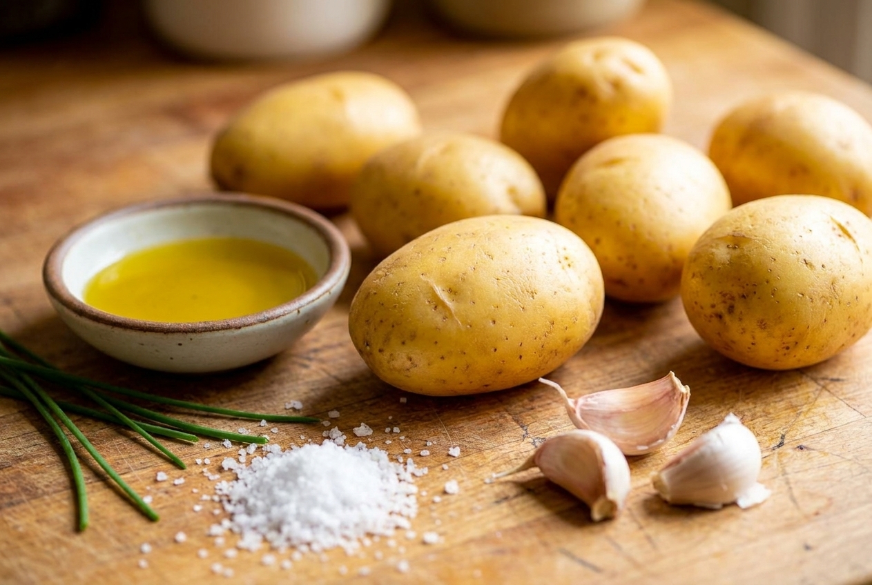 Whole Yukon Gold potatoes on a kitchen counter with a small bowl of olive oil, garlic cloves, and kosher salt