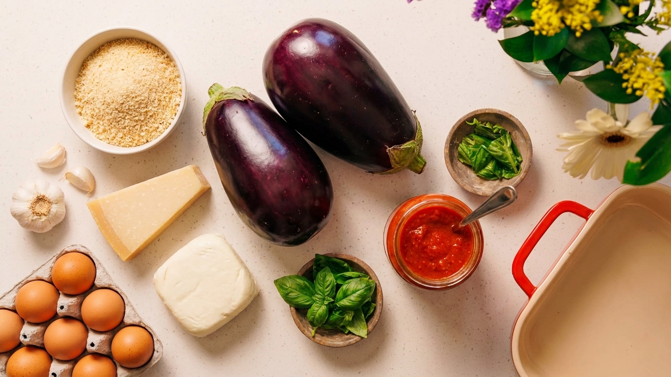 Whole eggplants, breadcrumbs, Parmesan, mozzarella, eggs, garlic, basil, and a jar of marinara arranged on a bright kitchen counter