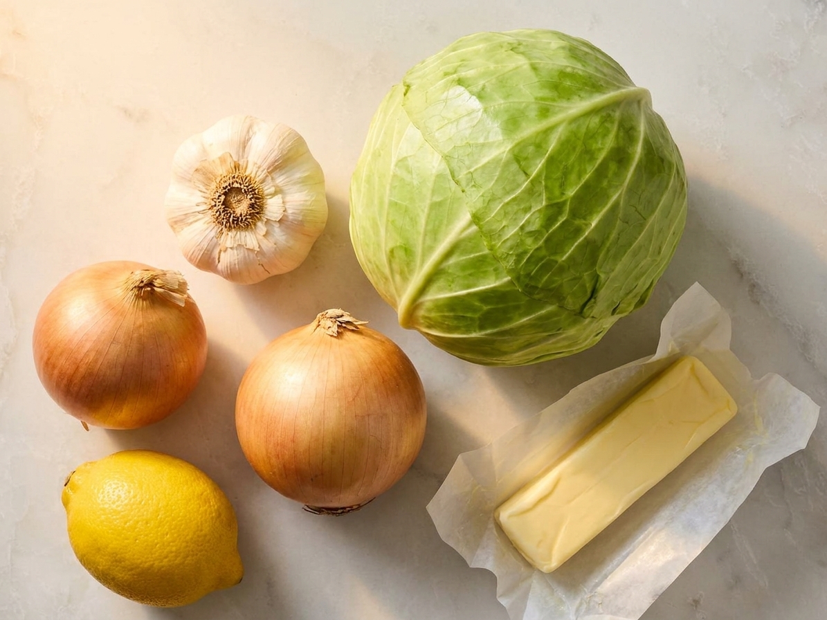 Whole green cabbage, a bulb of garlic, a yellow onion, a lemon, and a stick of butter arranged on a kitchen counter