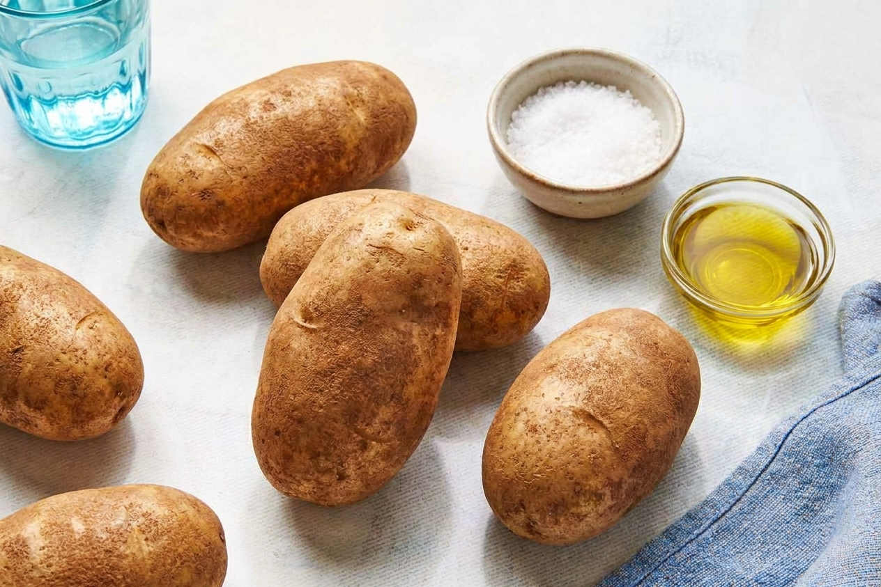 Whole russet potatoes on a kitchen counter beside a small bowl of kosher salt and a small dish of olive oil