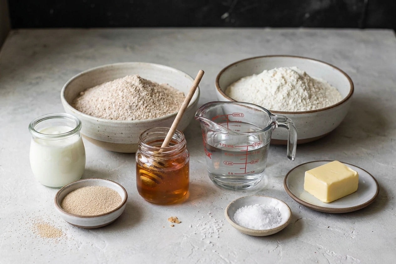 Whole wheat flour, bread flour, yogurt, yeast, honey, salt, butter, and a measuring cup of warm water arranged on a bright kitchen counter