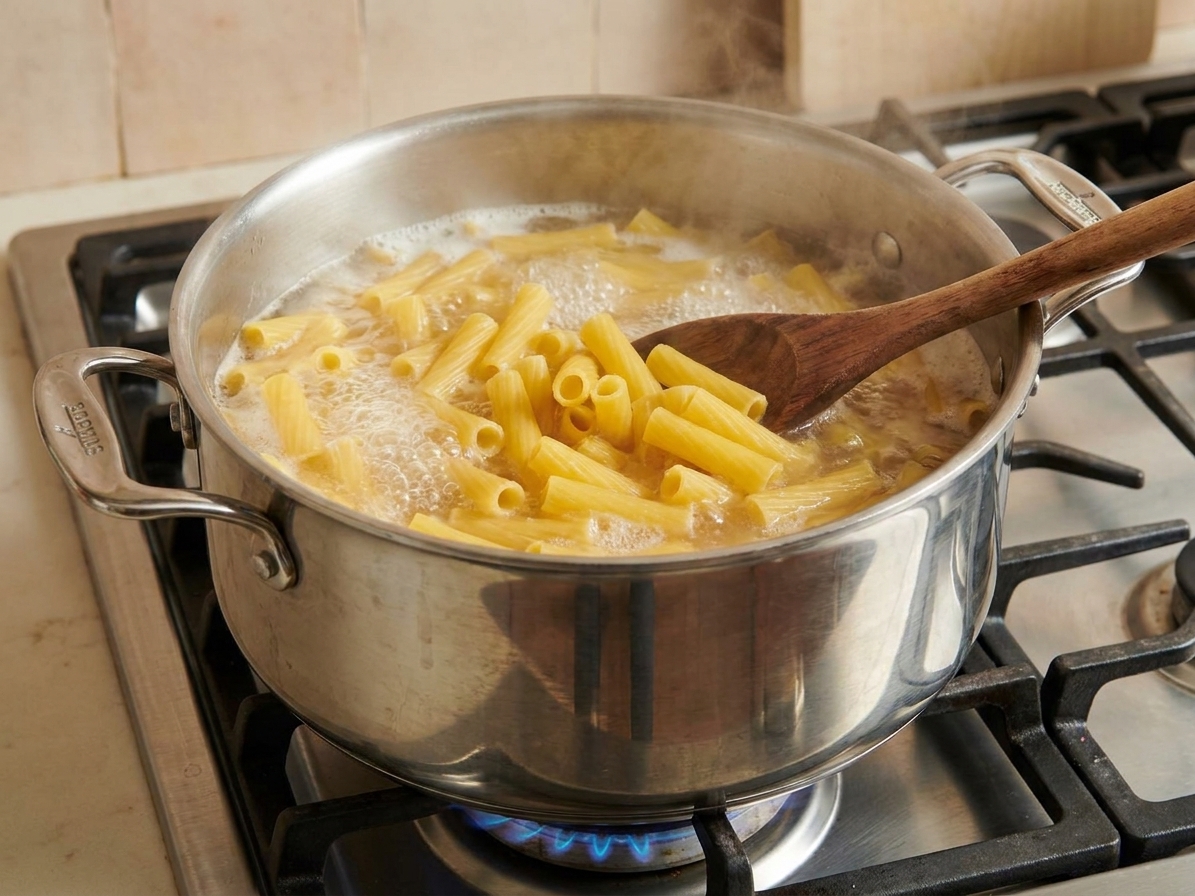Ziti pasta boiling in a large stainless-steel pot of salted water on a stovetop