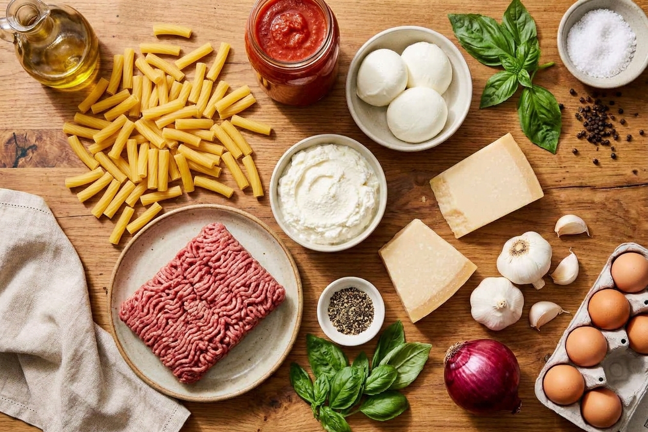 Ziti pasta, ground beef, marinara sauce, ricotta, mozzarella, Parmesan, garlic, onion, eggs, basil, salt, pepper, and olive oil arranged on a kitchen counter