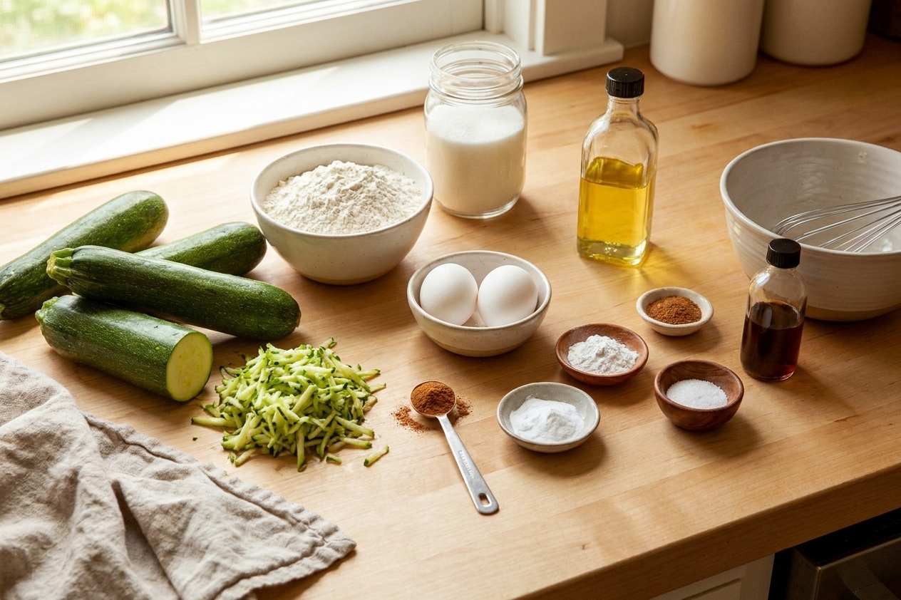Zucchini, flour, sugar, eggs, oil, cinnamon, baking soda, baking powder, salt, and vanilla arranged on a bright kitchen counter